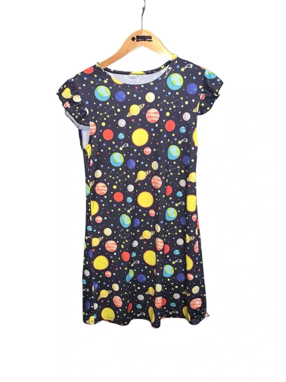 Girls XL Space Planet Print Dress Black with Yellow & Multicolor Planets